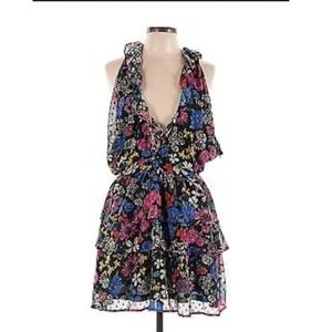 Slate & Willow Floral Mini Dress Ruffle Halter Party Cocktail Black M